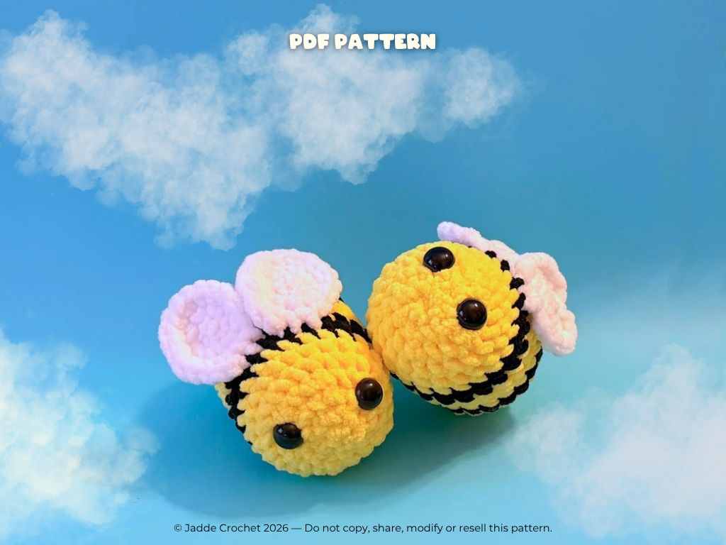 Two crochet bee toys on a blue background with 'PDF Pattern' text.